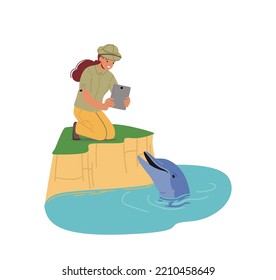 Ocean Fauna Scientist Or Zoologist Female Character Photographing Dolphin On Tablet. Young Woman Ichthyologist Learn Animals And Marine Life In Natural Habitat. Cartoon People Vector Illustration