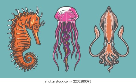 Ocean fauna set colorful labels seahorse with octopus and jellyfish living in tropical waters among fish vector illustration