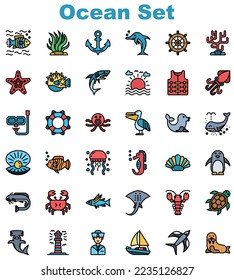 Ocean filled outline icon set 