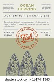 Ocean Fish Abstract Vector Packaging Design or Label. Modern Typography Banner, Hand Drawn Herring Silhouette with Lettering Logo Stamp. Color Paper Background Layout. Isolated.