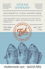 Ocean Fish Abstract Vector Packaging Design or Label. Modern Typography Banner, Hand Drawn Dorado or Dorada Silhouette with Lettering Logo Stamp. Color Paper Background Layout. Isolated.