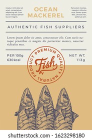 Ocean Fish Abstract Vector Packaging Design or Label. Modern Typography Banner, Hand Drawn Mackerel Silhouette with Lettering Logo Stamp. Color Paper Background Layout. Isolated.