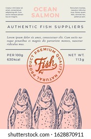 Ocean Fish Abstract Vector Packaging Design or Label. Modern Typography Banner, Hand Drawn Salmon Silhouette with Lettering Logo Stamp. Color Paper Background Layout. Isolated.