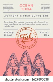 Ocean Fish Abstract Vector Packaging Design or Label. Modern Typography Banner, Hand Drawn Tuna Silhouette with Lettering Logo Stamp. Color Paper Background Layout. Isolated.