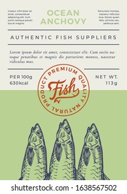 Ocean Fish Abstract Vector Packaging Design or Label. Modern Typography Banner, Hand Drawn Anchovy Silhouette with Lettering Logo Stamp. Color Paper Background Layout. Isolated.