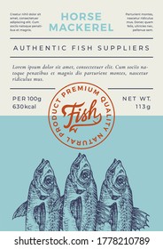Ocean Fish Abstract Vector Packaging Design or Label. Modern Typography Banner, Hand Drawn Horse Mackerel Silhouette with Lettering Logo Stamp. Color Paper Background Layout. Isolated.
