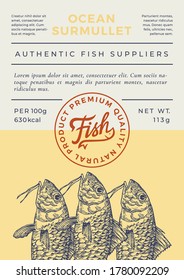 Ocean Fish Abstract Vector Packaging Design or Label. Modern Typography Banner, Hand Drawn Surmullet Silhouette with Lettering Logo Stamp. Color Paper Background Layout. Isolated.