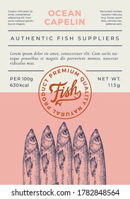 Ocean Fish Abstract Vector Packaging Design or Label. Modern Typography Banner, Hand Drawn Capelin Silhouette with Lettering Logo Stamp. Color Paper Background Layout. Isolated.