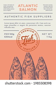 Ocean Fish Abstract Vector Packaging Design or Label. Modern Typography Banner, Hand Drawn Atlantic Salmon Sketches Silhouette with Lettering Logo Stamp. Color Paper Background Layout. Isolated.