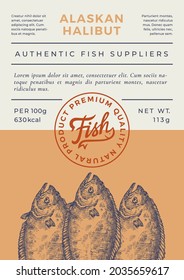 Ocean Fish Abstract Vector Packaging Design or Label. Modern Typography Banner, Hand Drawn Alaskan Halibut Silhouette with Lettering Logo Stamp. Color Paper Background Layout. Isolated.