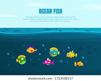 Ocean Fish Banner Template with Cute Colorful Tropical Fishes and Space for Text Vector Illustration
