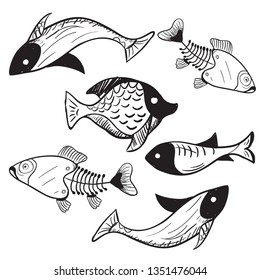 Ocean FISH collection. Fish design Blue fish Vector Underwater. Hand drawn  Sea fish set. Black and white  set