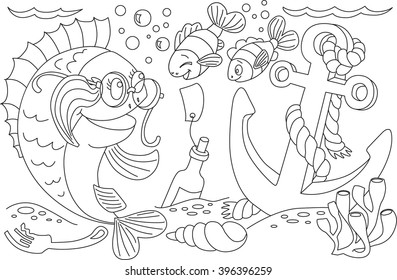 Ocean fish coloring book page. Animals cartoon. Coloring page outline of cartoon. Vector illustration, coloring book for kids. Doodle page. Children`s background. Sea creatures drawing