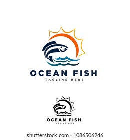 Ocean fish fly with sun logo