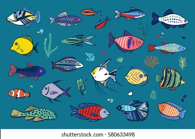 ocean fish hand drawn set