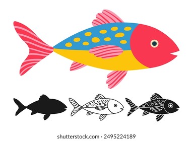 Ocean fish linear icon, abstract cartoon symbol set. Exotic colorful childish sea fish with hand drawn doodle pattern. Sign aquarium fishes silhouette shape or doodle art. Vector graphic illustration