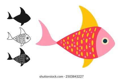 Icono lineal de peces de océano, conjunto de símbolos de dibujos animados abstractos. Pescado de mar infantil colorido exótico con patrón de doodle dibujado a mano. Forma de silueta de peces de acuario de signo o arte doodle. ilustración gráfica de Vector