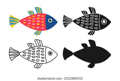 Ocean fish linear icon, abstract cartoon symbol set. Exotic colorful childish sea fish with hand drawn doodle pattern. Sign aquarium fishes silhouette shape or doodle art. Vector graphic illustration