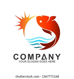 ocean fish logo design,fishing vector logo,fish with wave and sun