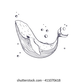 ocean fish, mammal, bubbles. Big blue whale without color. Vector illustration , marine animals 10EPS on a white background