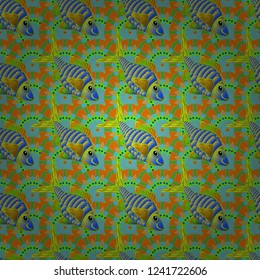 Ocean fish on colored background. Vector illustration. Hand-drawn watercolor sea life. Beautiful seamless pattern with blue, green and orange fishes.