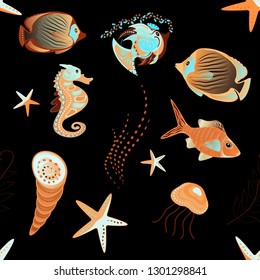 Ocean fish on colored background. Beautiful seamless pattern with orange, blue and black fishes. Vector illustration. Hand-drawn watercolor sea life.