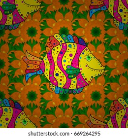 Ocean fish on colored background. Vector illustration. Vector seamless pattern. Line fish.