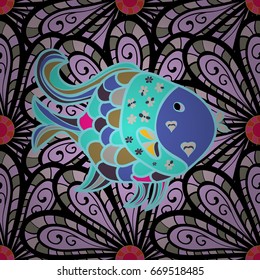 Ocean fish on colored background. Cute and simple seamless pattern with colorful fish. Vector illustration.