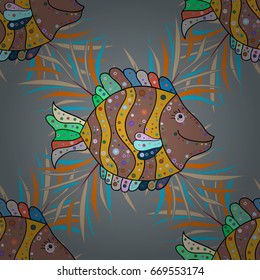 Ocean fish on colored background. Vector seamless pattern. Fish. Vector illustration.