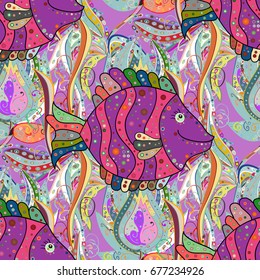 Ocean fish on colored background. Line fish. Vector illustration. Vector seamless pattern.