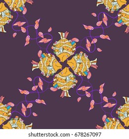 Ocean fish on colored background. Cute and simple seamless pattern with colorful fish. Vector illustration.