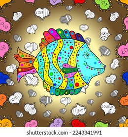 Ocean fish on colored background.Vector illustration. Beautiful seamless pattern with colorful watercolor fishes. Hand-drawn watercolour elements. Sea life.