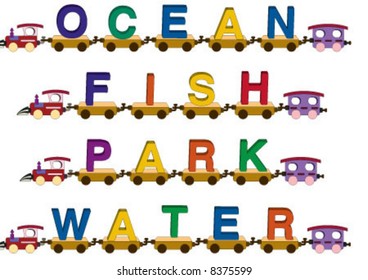 Ocean, fish, park, water words on the toy train