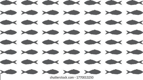 Ocean fish pattern on a white background. Black, gray vector marine fish silhouettes isolated on white background. Rows of crucians swimming in different directions. Endless seamless wallpaper.