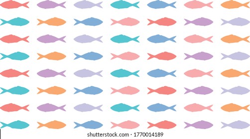 Ocean fish pattern on a white background. Color vector marine fish silhouettes isolated on white background. Rows of crucians swimming in different directions. Endless seamless wallpaper.