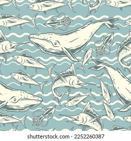 Ocean fish pattern seamless colorful with big blue whales and tuna or marlin with squid in sea water vector illustration
