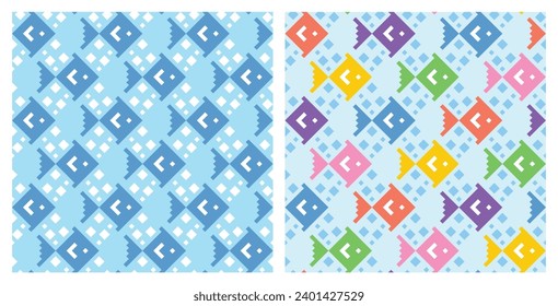 Ocean fish pattern. Underwater themed vector pattern with elements of a group of fish and air bubbles. Presented in two color variations.