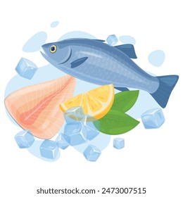 Ocean fish raw fresh product seafood menu with lemon mint and ice cubes isometric vector illustration. Marine food luxury restaurant gourmet cuisine underwater Atlantic salmon tuna delicacy