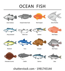 Ocean Fish Set in cartoon style.