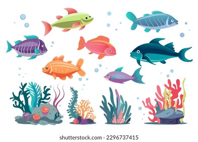 Ocean fish set. A flat, cartoon-style design featuring a set of colorful ocean fish swimming in an underwater background. Vector illustration.