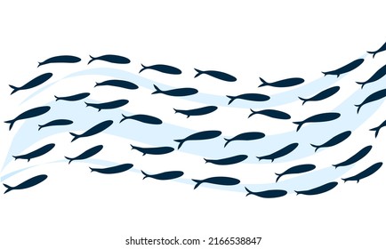 Ocean Fish Waves. Small Fish Colony Swimming In The Blue Sea. Logo Template Design. Isolated On A White Background. Vector Illustration.