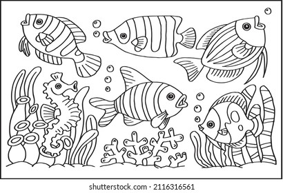 ocean fish wildlife black and white outline vector to coloring 