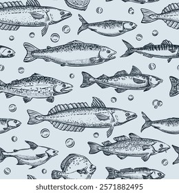 Ocean fishes seamless pattern. Vector hand drawn sketch illustration. Seafood doodle background. Fashion textile print, fabric, wrapping paper, menu design