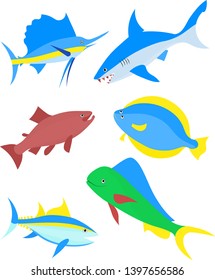 Ocean fishes (tuna; shark; sailfish; mahi; halibut; salmon). Set of cute color vector images.