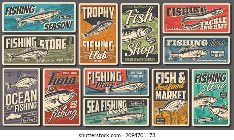 Ocean fishing club, seafood shop and market retro posters. Mackerel, sardine and tuna, codfish, hake and eel, gilt-head bream, fishhook and rod vector. Trophy fishing equipment store vintage banners