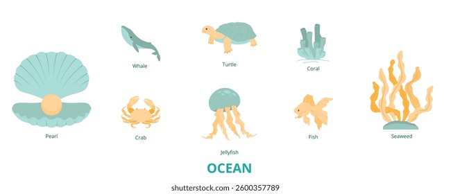 Ocean Flat Banner Web Icon Set Vector Illustration