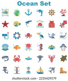 Conjunto de iconos de estilo plano oceánico