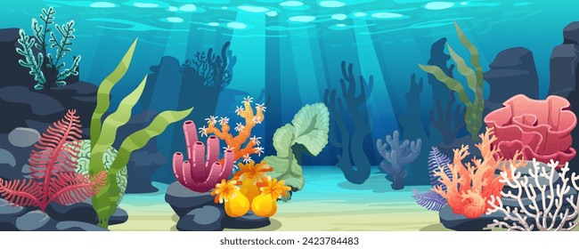 Ocean floor. Aquarium coral sea background. Undersea flora. Underwater cartoon seaweed and algae. Nature landscape, light scene art. Vector under water cartoon flat isolated illustration illustration