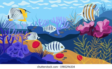 Ocean floor, corals, seaweed and seashells in bright colors and cute fish.