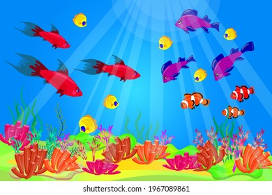 Ocean floor. Cute marine tropical colorful fish. Vector illustration